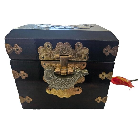 Vintage Chinese Lacquered Jewelry Box Brown and Gold with Koi Fish Lock and Key - Picture 1 of 9